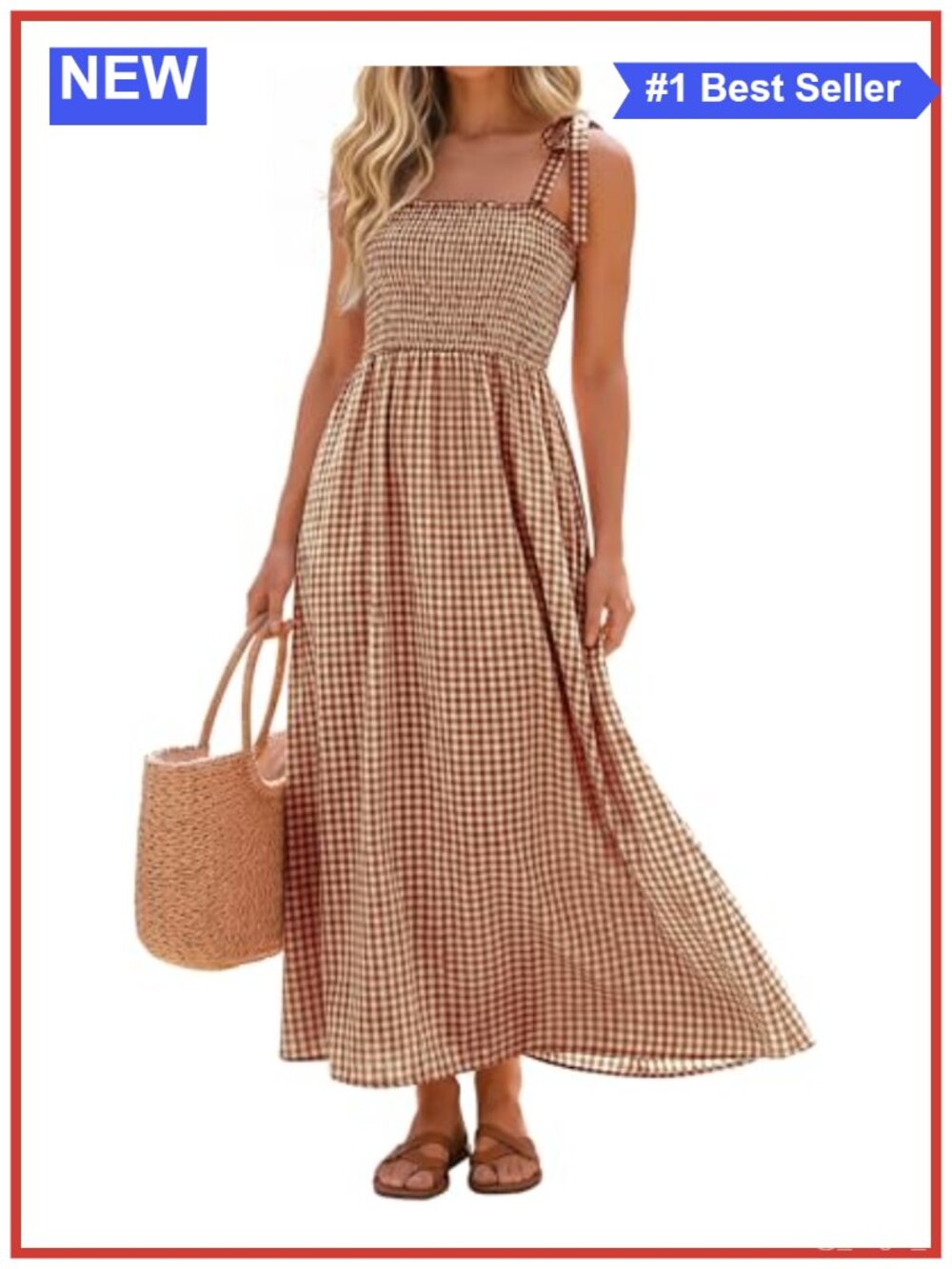Womens Plaid Maxi Dress Cotton Blend Smocked A-Line Sleeveless Summer